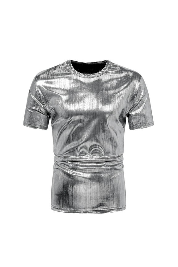 Men's Metallic Top Short Sleeve Round Neck Tee Shirts Disco Sequin Tops Party Club Night Silver 4(S)