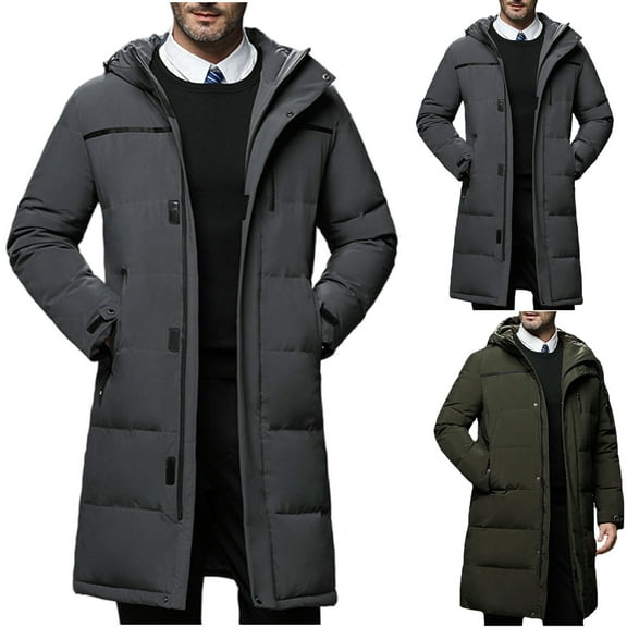 Miluxas Men's Mid Length Down Jacket Long Hooded Padded Puffer Jacket Full Zip Up Windproof Jacket Winter Coat Gray