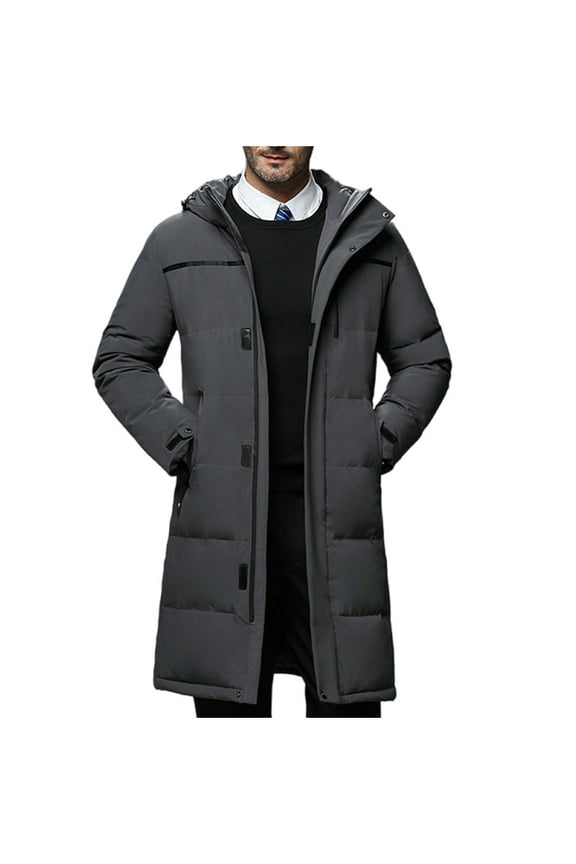 Men's Mid Length Down Jacket Long Hooded Padded Puffer Jacket Full Zip Up Windproof Jacket Winter Coat Gray