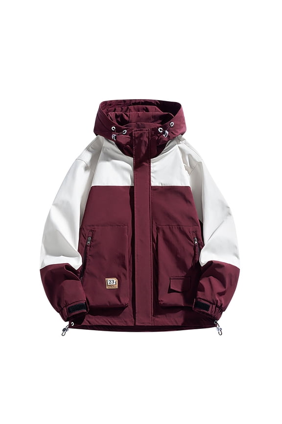 Men's Moto Patchwork Patch Jackets Zipper Drawstring Hooded Solid Color Casual Coats Red