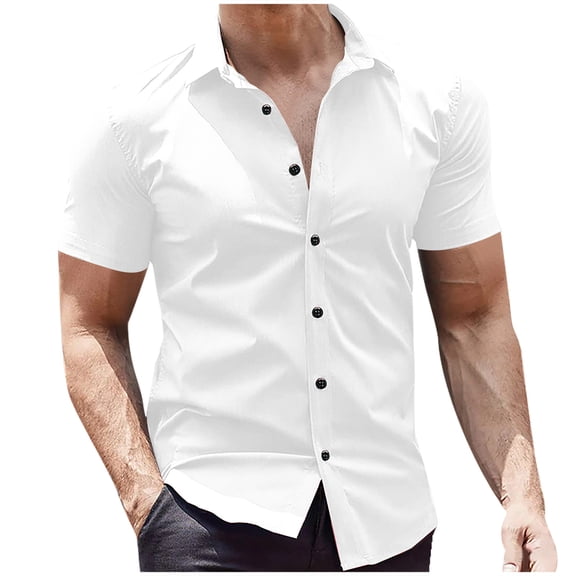Miluxas Men's Muscle Fit Dress Shirts Wrinkle-Free Short Sleeve Casual Button Down Shirt White