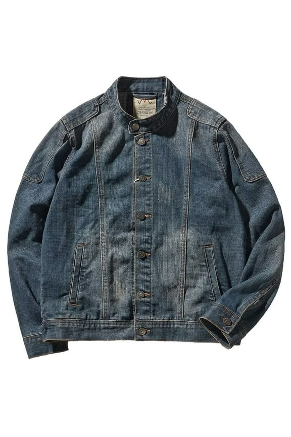 Men's Neck Stand Collar Slim Denim Jacket Vintage Wash Button Casual Patchwork Coat Blue