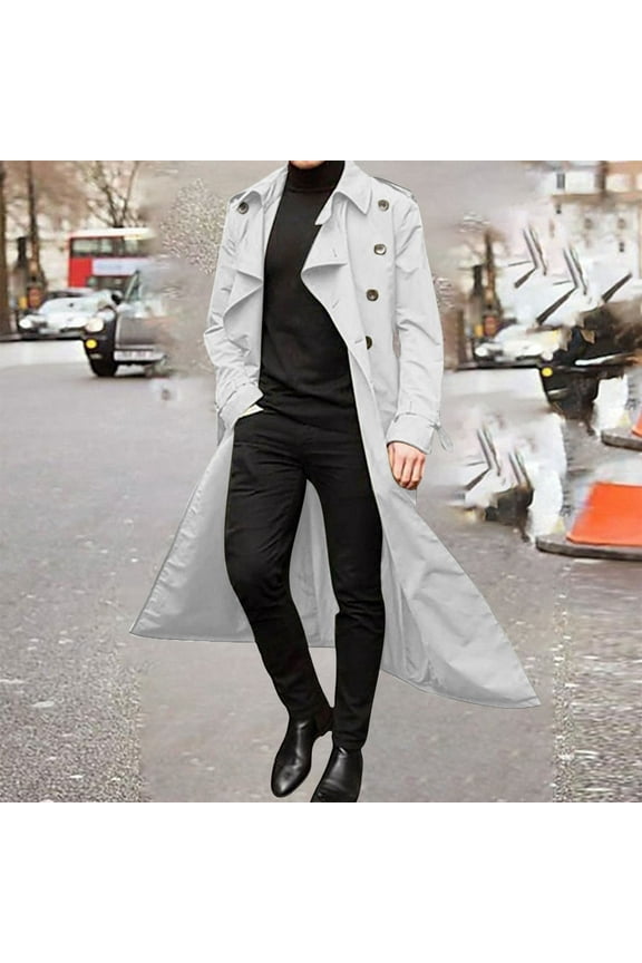 Men's Notch Lapel Double Breasted Long Trench Coat Casual Cotton Blend Peacoat White M(M)