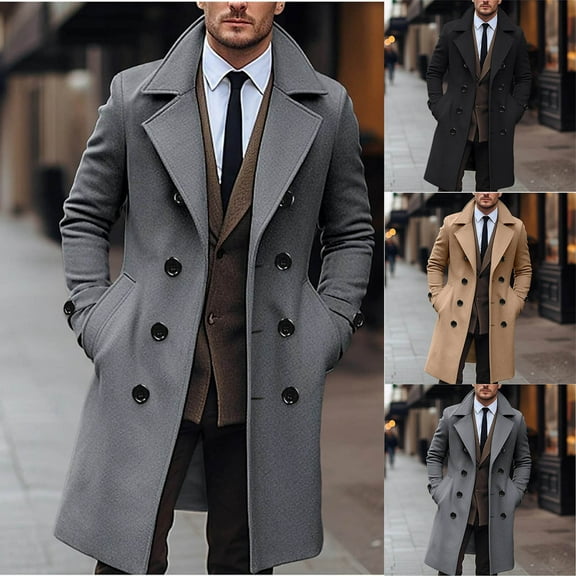 Miluxas Men's Notched Collar Trench Coat Double Breasted Long Winter Pea Coats Windbreaker Business Wool Blend Jacket Khaki
