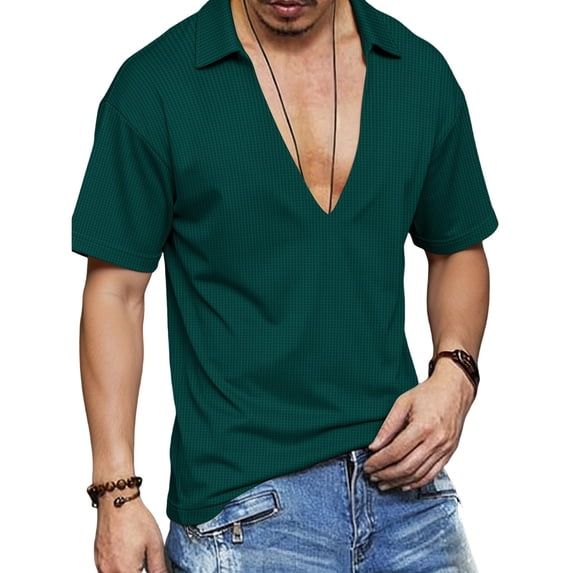 Miluxas Men's Open Collar Deep V-Neck Casual Shirt - Textured Short Sleeve Top, Breathable Lightweight Tee for Summer Daily Wear, Weekend Outings & Casual Occasions Green L(L)