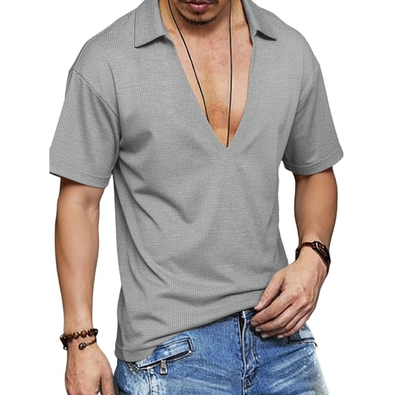Miluxas Men's Open Collar Deep V-Neck Casual Shirt - Textured Short Sleeve Top, Breathable Lightweight Tee for Summer Daily Wear, Weekend Outings & Casual Occasions Gray S(S)