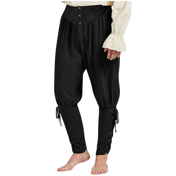 Miluxas Men's Pirate Pants Renaissance Medieval Viking Pants Linen Ankle Banded Trousers Halloween Costume Black