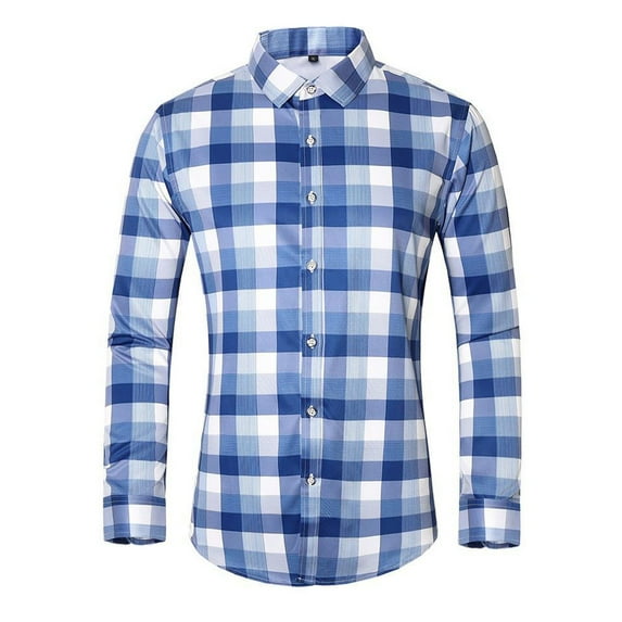 Miluxas Men's Plaid Button Down Shirts Cotton Long Sleeve Dress Shirts Regular Fit Gingham Shirts Blue 16(XXXXL)