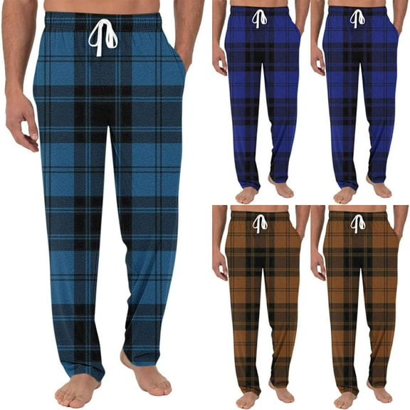 Miluxas Men's Plaid Casual Pants Soft Cotton Pajama Pants Drawstring Checkered Lounge Sweatpant with Pockets Purple