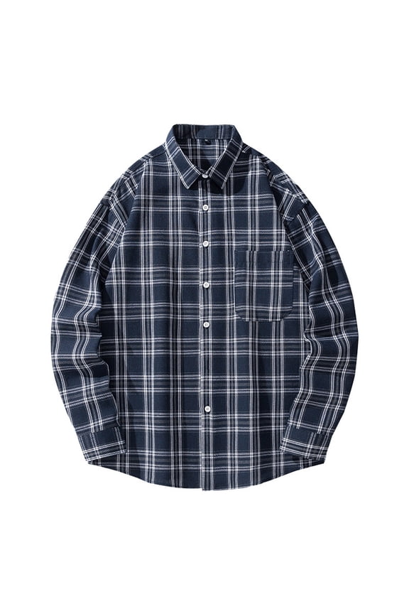 Men's Plaid Shirts Long Sleeve Casual Cotton Button Down Shirts Loose Youth Patchwork Turndown Collar Blouse Shirt Navy Navy