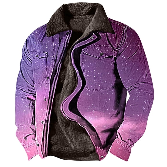Miluxas Men's Printed Thick Side Seam Insert Bag Casual Zipper Loose Cotton Jacket Purple