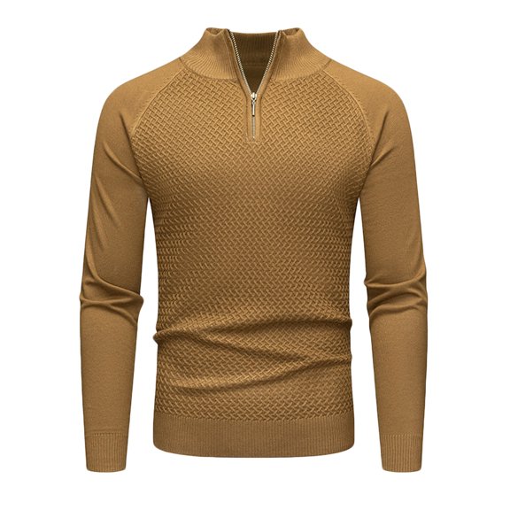 Miluxas Men's Quarter Zip Pullover Sweater Cable Knit Mock Neck Sweater Classic Casual Sweater Coffee S(S)