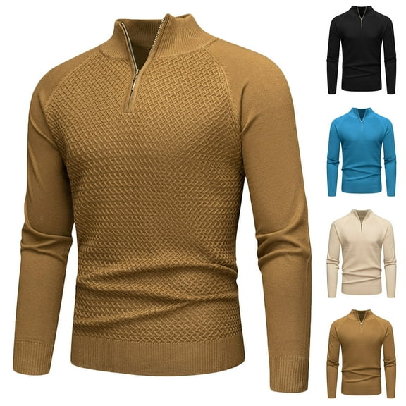 Miluxas Men's Quarter Zip Pullover Sweater Cable Knit Mock Neck Sweater Classic Casual Sweater Coffee XL(XL)