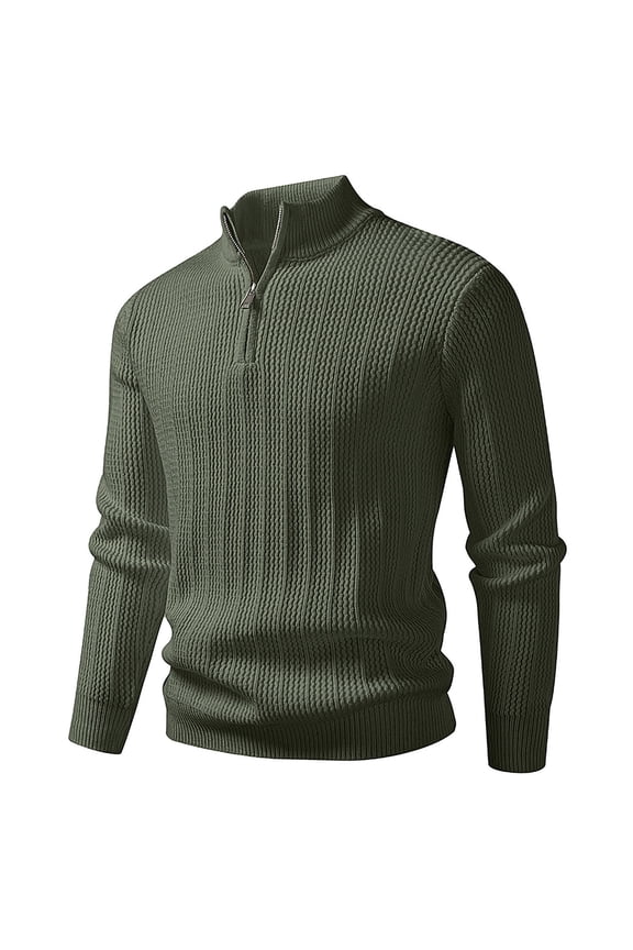 Men's Quarter-Zip Sweater Textured-Knit Mock Neck Pullover Business Casual Slim Fit Brown