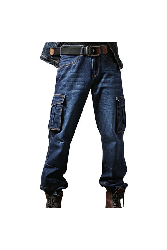 Men's Relaxed Fit Cargo Jeans Elastic Waist More Pockets Straight Leg Work Utility Pants Blue