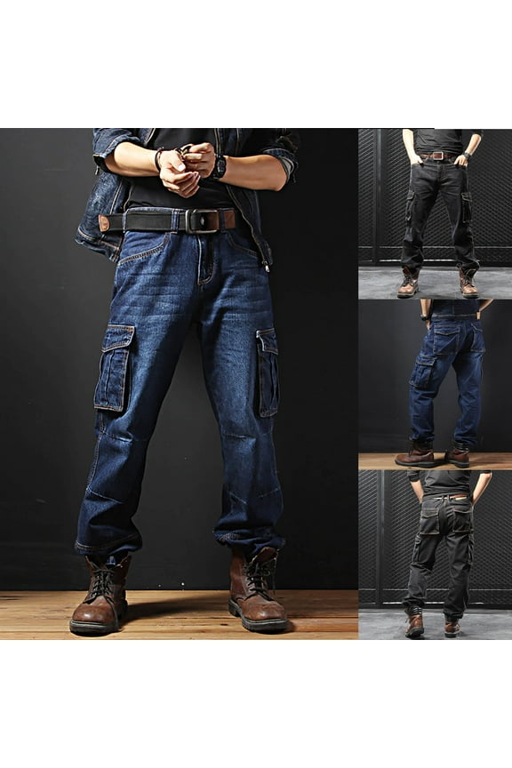 Men's Relaxed Fit Cargo Jeans Elastic Waist More Pockets Straight Leg Work Utility Pants Blue