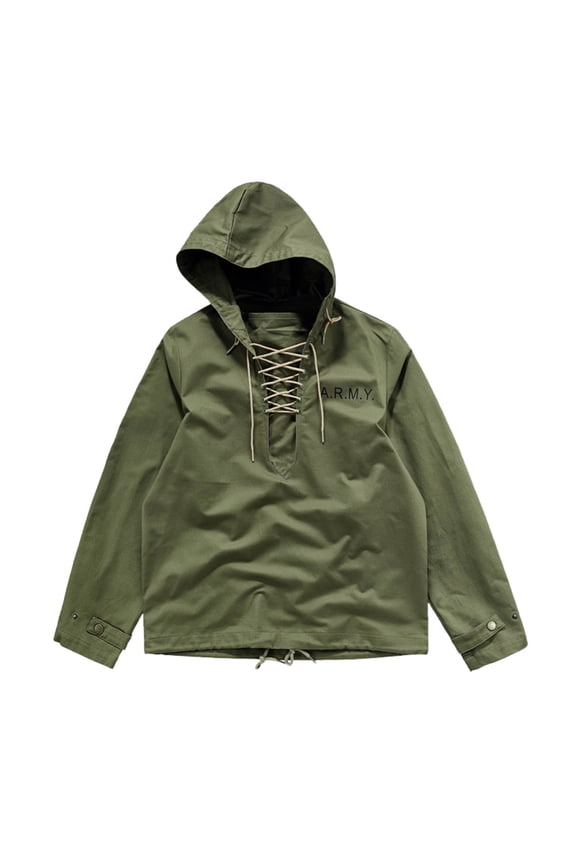 Men's Retro Solid Color Drawstring Deck Dress Anti Cover Shirt Anti Windbreaker Long Sleeve Hoodie Army Green