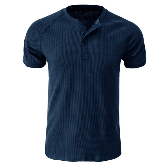 Miluxas Men's Ribbed Waffle Henley Shirt Slim Fit Muscle Shirt Fitted Short Sleeve Casual T-Shirt Dark Blue 6(M)