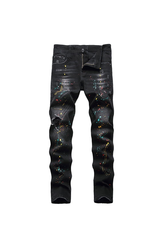 Men's Ripped Distressed Destroyed Straight Fit Washed Denim Jeans Black