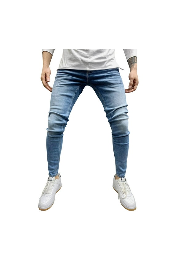 Men's Ripped Jeans Slim Fit Skinny Stretch Jeans Pants Blue