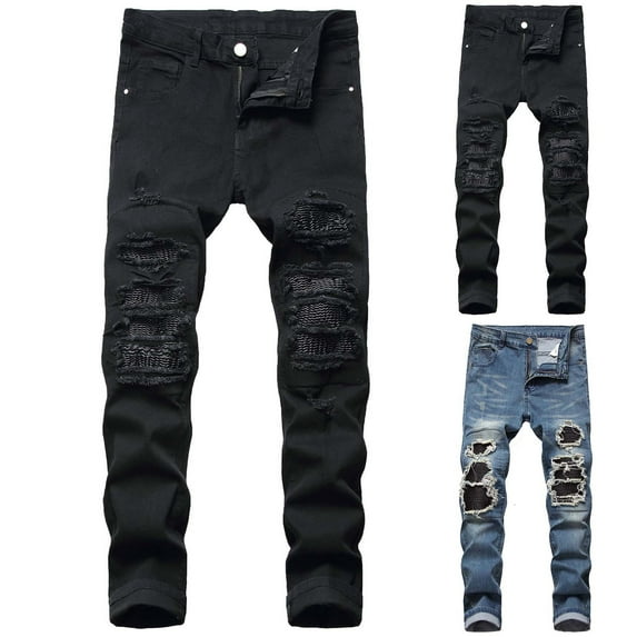 Miluxas Men's Ripped Skinny Stretch Distressed Destroyed Slim Jeans Denim Pants Casual Cotton Straight Ripped Hole Trousers Blue