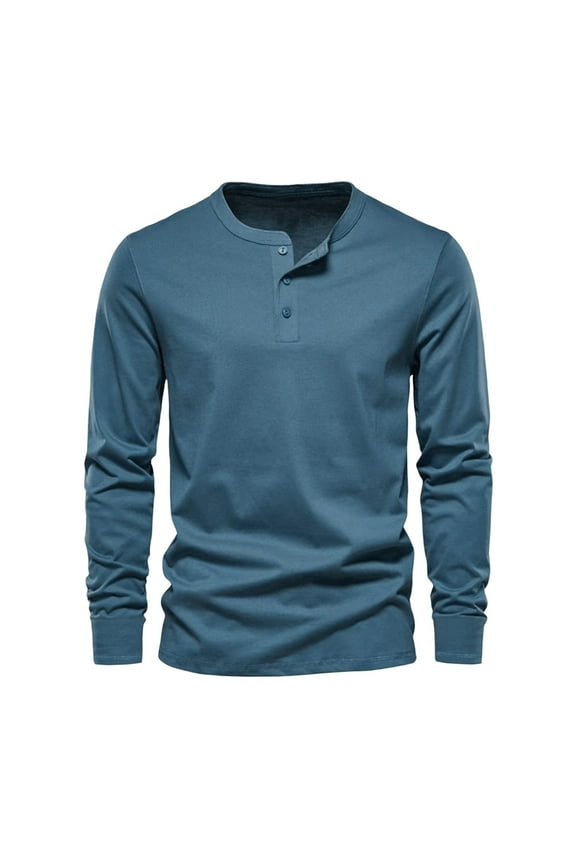 Men's Round Neck Long Sleeve Shirts Button Down Athletic Shirt Casual Loose Solid Color Sports Pullover Tops Plus Size Blue