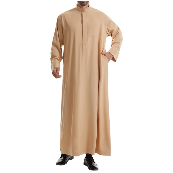 Miluxas Men's Saudi Arabic Thobe Jubba Dishdasha Long Sleeve Robe Ramadan Muslim Dress Middle East Islamic Clothing Khaki