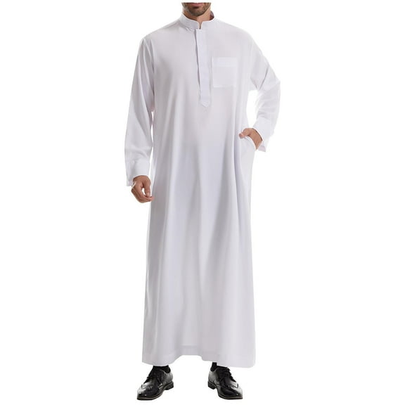 Miluxas Men's Saudi Arabic Thobe Jubba Dishdasha Long Sleeve Robe Ramadan Muslim Dress Middle East Islamic Clothing White