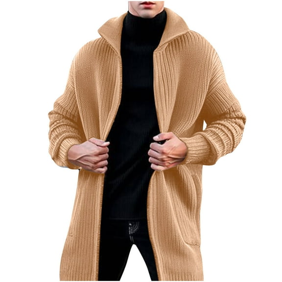 Miluxas Men's Shawl Collar Open Front Long Cardigan Ribbed Knit Sweater with Pockets Khaki