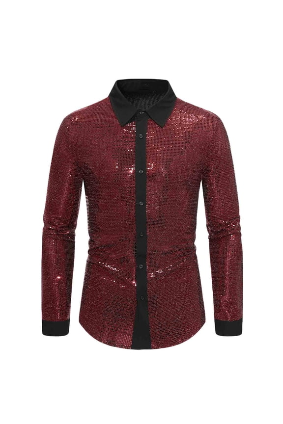 Men's Sheer Mesh See Through Glitter Button Front Long Sleeve Shirt Tops Red