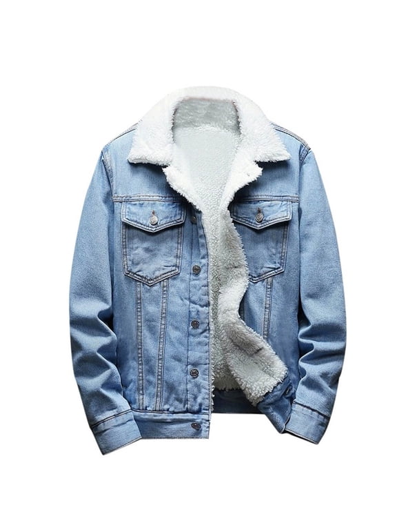 Men's Sherpa Fleece Lined Denim Jacket Warm Winter Trucker Jacket Cowboy Jean Jacket Blue