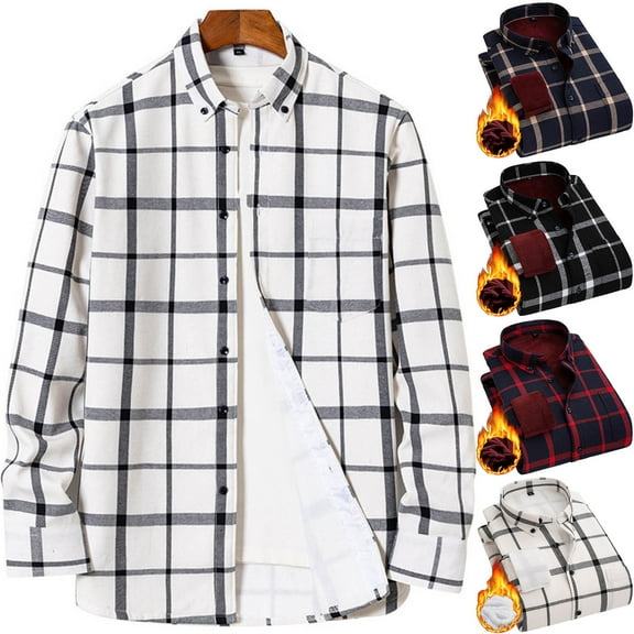 Miluxas Men's Sherpa Lined Cotton Flannel Shirt Jacket Plaid Button Up Jacket Coat for Men with Pocket White