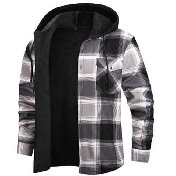 Miluxas Men's Sherpa Lined Flannel Shirt Jacket,Snap Button Down Winter Plaid Shacket with Hood Gray XL(XL)