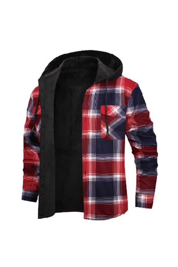 Men's Sherpa Lined Flannel Shirt Jacket,Snap Button Down Winter Plaid Shacket with Hood Red M(M)