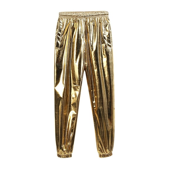Miluxas Men's Shiny Metallic Hip Hop Pants Elastic Waistband Hippie Drop Crotch Pants Party Clubwear Gold