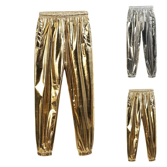 Miluxas Men's Shiny Metallic Hip Hop Pants Elastic Waistband Hippie Drop Crotch Pants Party Clubwear Silver