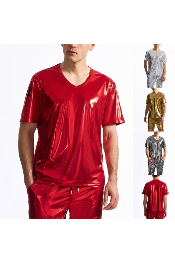 Men's Shiny Metallic T-Shirts Short Sleeve Sparkly Shirts Disco Tops Silver XL(XL)