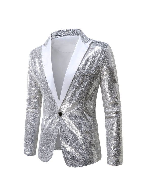 Men's Shiny Sequins Blazer Floral Suit Jacket Stylish Tuxedo for Party,Wedding,Banquet,Prom Silver 6(M)
