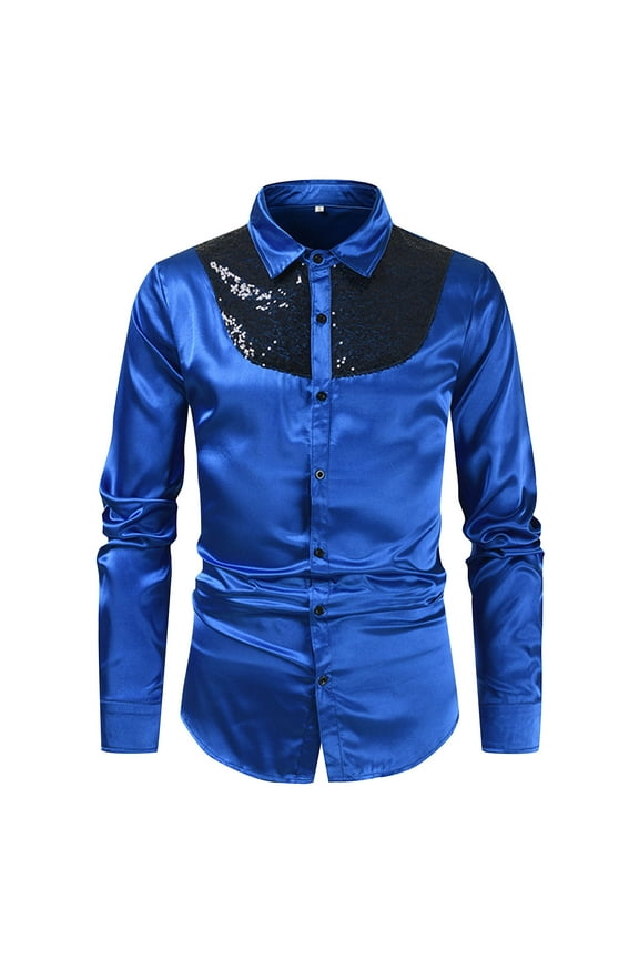 Men's Shiny Sequins Design Silk Like Satin Button Up Disco Party Dress Shirts Blue