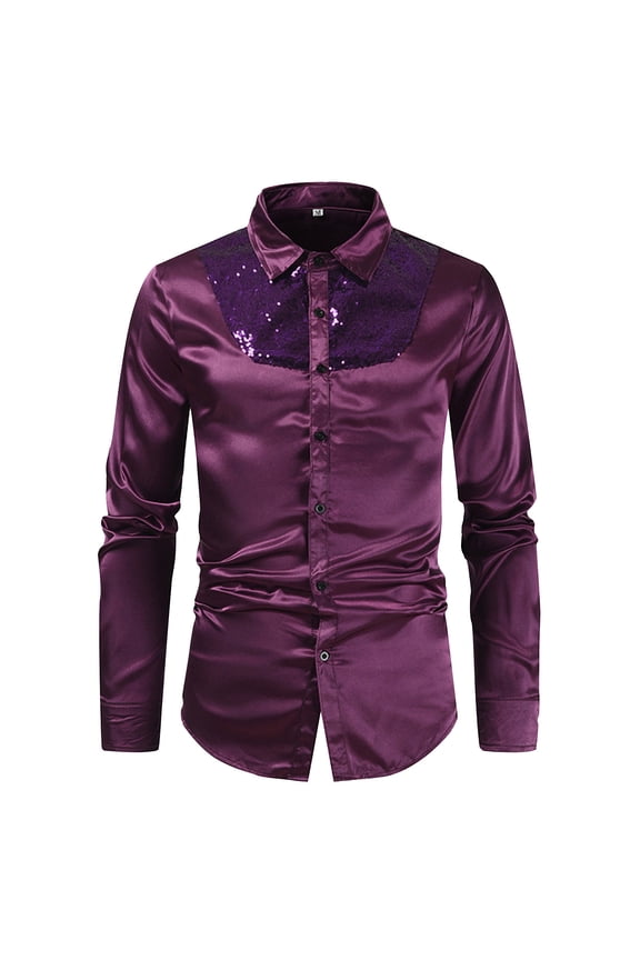 Men's Shiny Sequins Design Silk Like Satin Button Up Disco Party Dress Shirts Purple