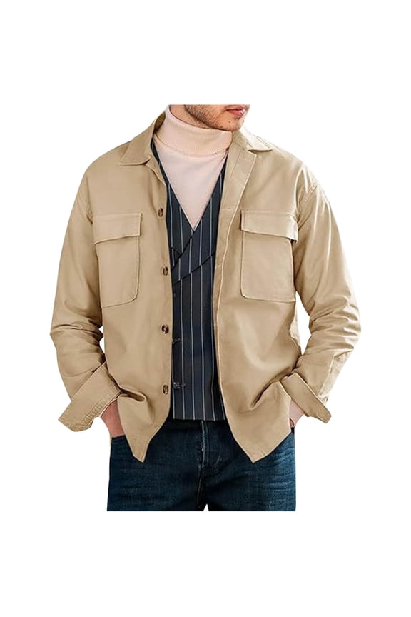 Men's Shirt Jacket Lightweight Canvas Trucker Jacket Cotton Button Work Jackets Khaki 4(S)
