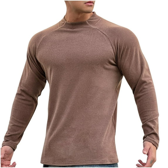 Miluxas Men's Shirts Long Sleeve Breathable Casual Round Neck Solid Color Top Baggy Cotton Pullover Shirt Fall Clothes Brown