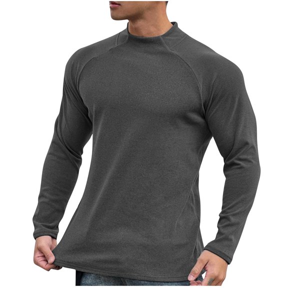 Miluxas Men's Shirts Long Sleeve Breathable Casual Round Neck Solid Color Top Baggy Cotton Pullover Shirt Fall Clothes Gray