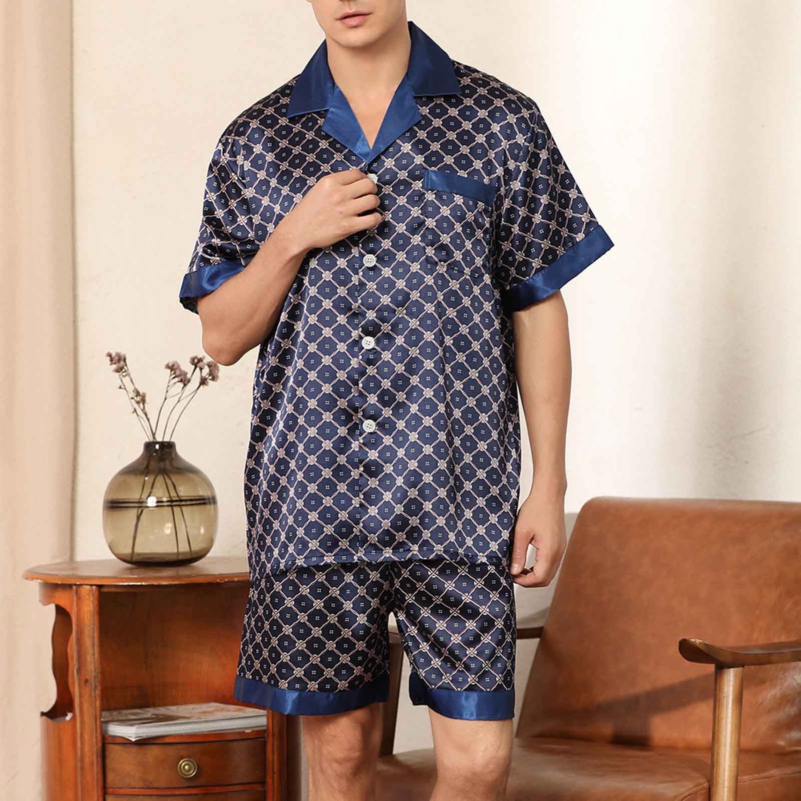 Miluxas Men s Short Sleeve Satin Pajama Set with Shorts Dark Blue 8 L