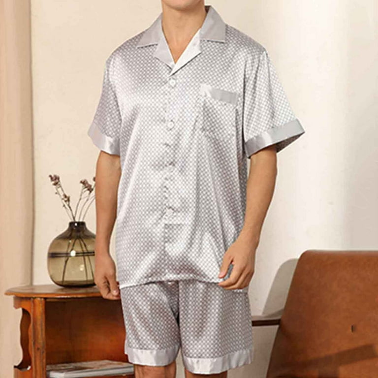 Miluxas Men s Short Sleeve Satin Pajama Set with Shorts Silver 6 M