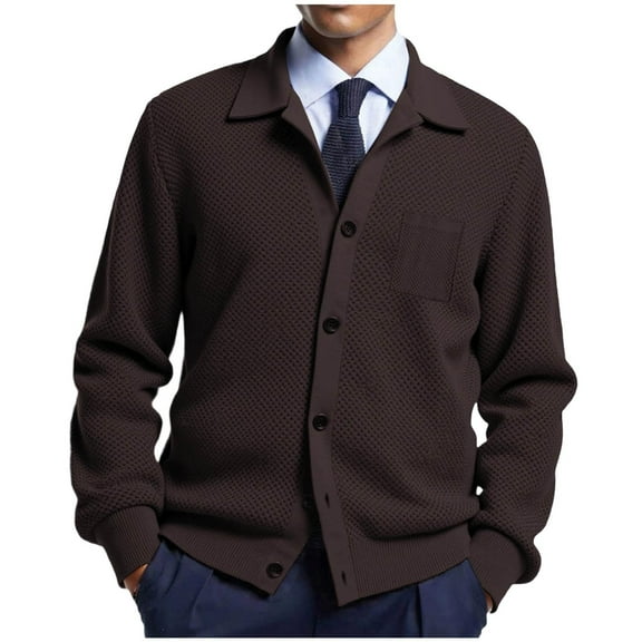 Miluxas Men's Single Breasted Cardigan Sweaters Stretch Casual Lapel Collar Fall Knitted Jackets Outerwear Coffee M(M)