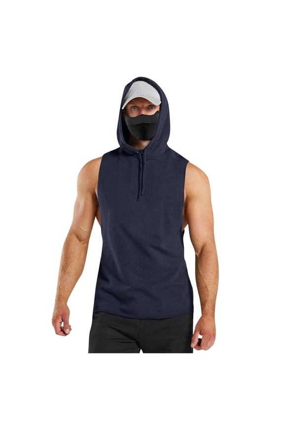 Men's Sleeveless Hoodie Loose Lightweight Workout Hooded Tank Top Casual Fashion Drawstring Gym Muscle T Shirts Navy