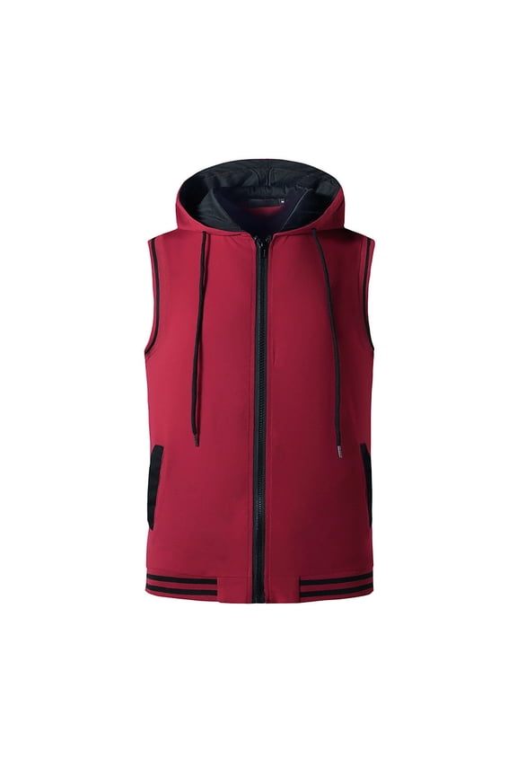 Men's Sleeveless Hoodies Full Zip Drawstring Hooded Tank Tops Casual Stretch Workout Cut off Muscle Athletic Jackets Wine M(M)