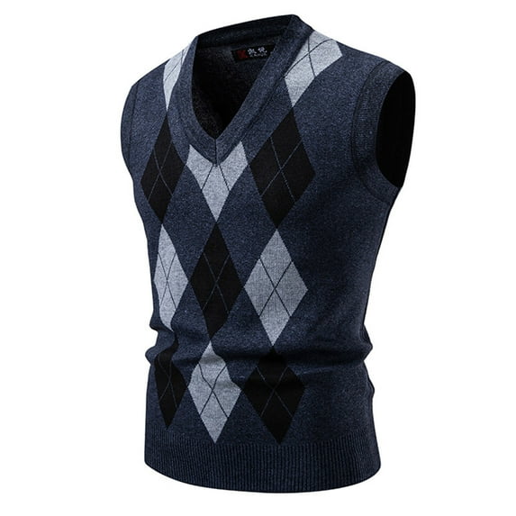 Miluxas Men's Sleeveless V Neck Pullover Sweater Slim Fit Casual Argyle Vest Sweaters Navy