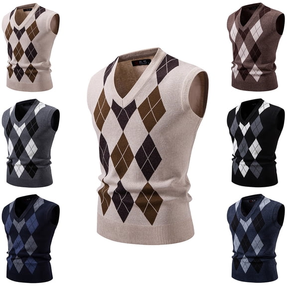 Miluxas Men's Sleeveless V Neck Pullover Sweater Slim Fit Casual Argyle Vest Sweaters Navy